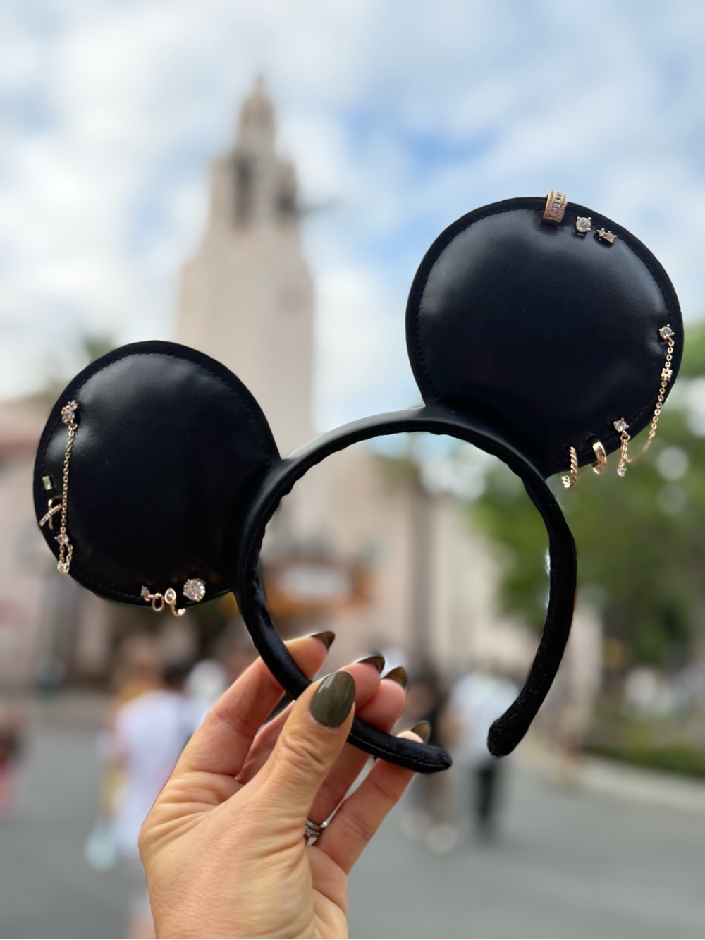 Disney Black Mouse Ear Headband with Gold-Tone Chain & Crystal Charms